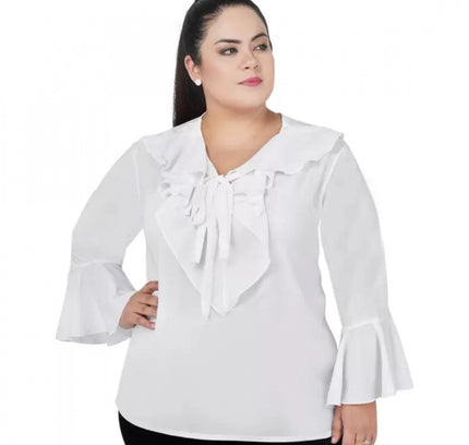 Women's Casual Bell Sleeve Solid White Top (Color:White, Material:Georgette)