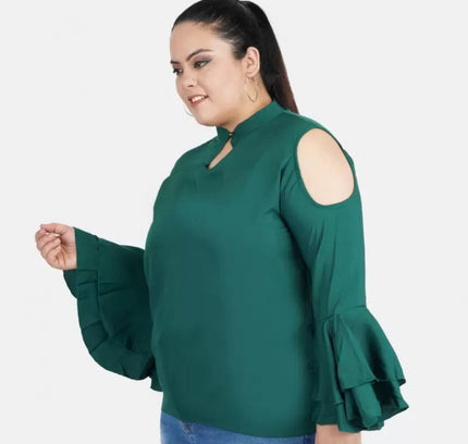 Women's Casual Bell Sleeve Solid Green Top (Color:Green, Material:Crepe)