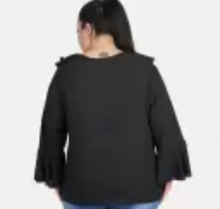 Women's Casual Bell Sleeve Solid Black Top (Color:Black, Material:Georgette)