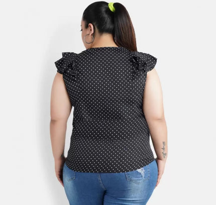 Women's Casual Flutter Sleeve Polka Print Black Top (Color:Black, Material:Crepe)