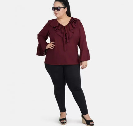 Women's Casual Bell Sleeve Solid Maroon Top (Color:Maroon, Material:Georgette)