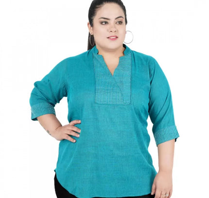 Women's Casual Three Fourth Sleeve Embroidered Light Green Top (Color:Light Blue, Material:Cotton Linen Blend)