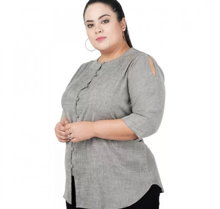 Women's Casual Solid Grey Top (Color:Grey, Material:Cotton Linen Blend)
