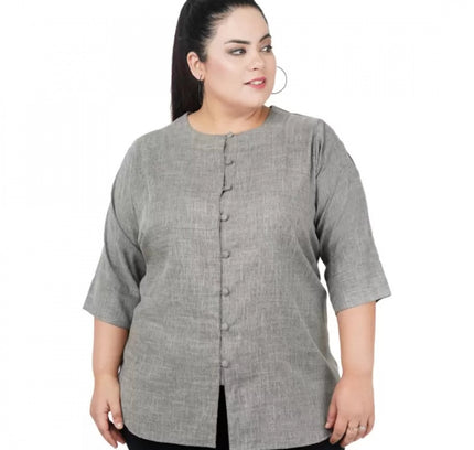 Women's Casual Solid Grey Top (Color:Grey, Material:Cotton Linen Blend)