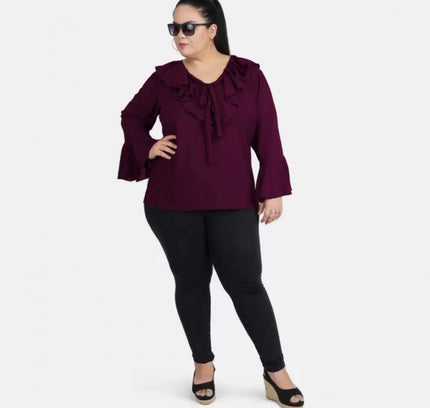 Women's Casual Bell Sleeve Solid Purple Top (Color:Purple, Material:Georgette)