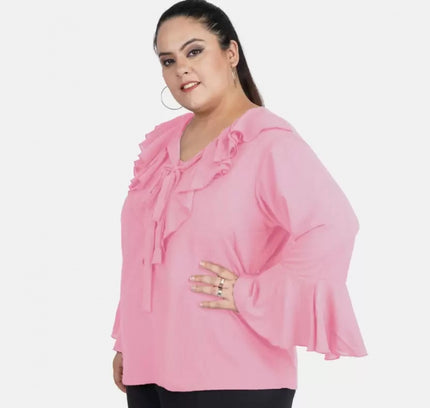 Women's Casual Bell Sleeve Solid Pink Top (Color:Pink, Material:Georgette)