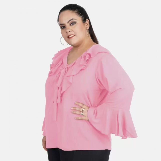Women's Casual Bell Sleeve Solid Pink Top (Color:Pink, Material:Georgette)
