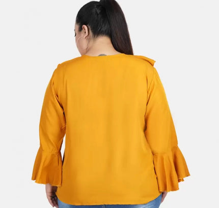 Women's Casual Bell Sleeve Solid Yellow Top (Color:Yellow, Material:Georgette)