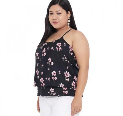 Women's Casual Floral Print Black Top (Color:Black, Material:Polyester)