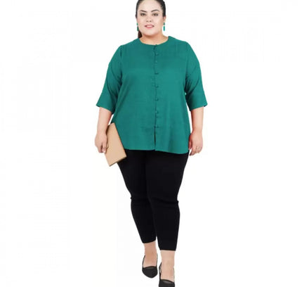 Women's Casual Solid Green Top (Color:Green, Material:Cotton Linen Blend)