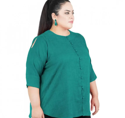 Women's Casual Solid Green Top (Color:Green, Material:Cotton Linen Blend)