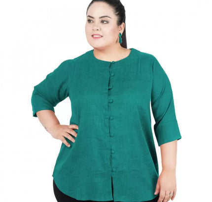 Women's Casual Solid Green Top (Color:Green, Material:Cotton Linen Blend)