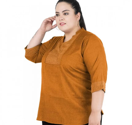 Women's Casual Three Fourth Sleeve Embroidered Yellow Top (Color:Yellow, Material:Cotton Linen Blend)