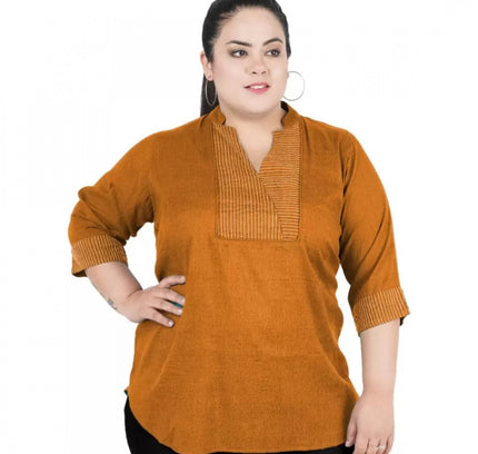 Women's Casual Three Fourth Sleeve Embroidered Yellow Top (Color:Yellow, Material:Cotton Linen Blend)