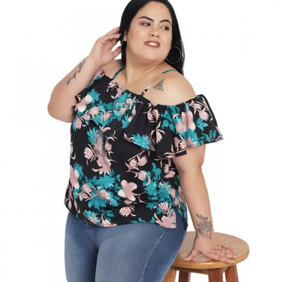 Women's Casual Floral Print Black Top (Color:Black, Material:Polyester)