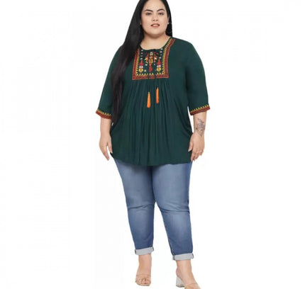 Women's Casual Embroidered Dark Green Top (Color:Dark Green, Material:Rayon)