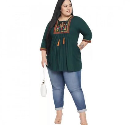 Women's Casual Embroidered Dark Green Top (Color:Dark Green, Material:Rayon)