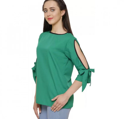 Women's Casual Slit Sleeve Solid Green Top (Color:Green, Material:Poly Crepe)
