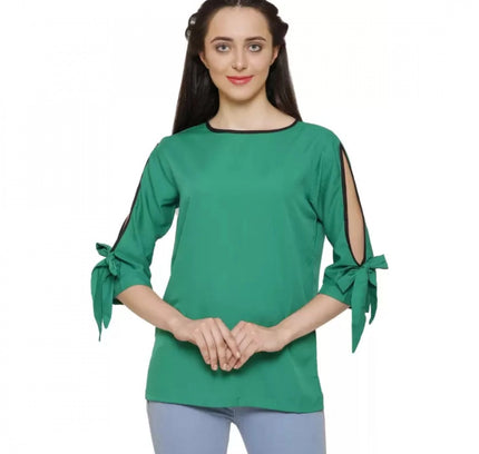 Women's Casual Slit Sleeve Solid Green Top (Color:Green, Material:Poly Crepe)