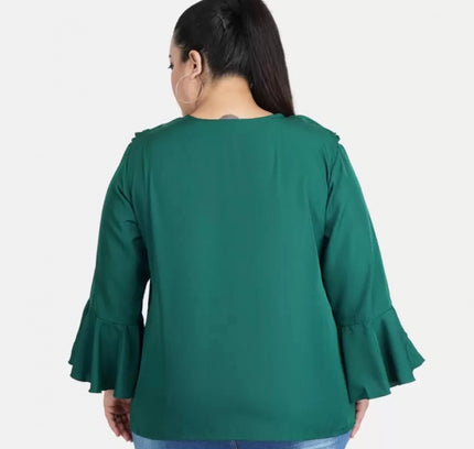 Women's Casual Bell Sleeve Solid Green Top (Color:Green, Material:Georgette)