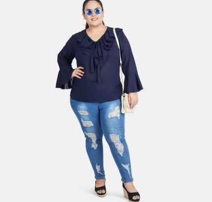 Women's Casual Bell Sleeve Solid Blue Top (Color:Blue, Material:Georgette)