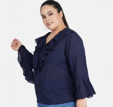 Women's Casual Bell Sleeve Solid Blue Top (Color:Blue, Material:Georgette)