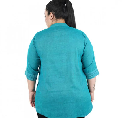 Women's Casual Three Fourth Sleeve Embroidered Light Green Top (Color:Light Blue, Material:Cotton Linen Blend)