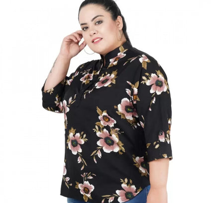 Women's Casual Three Fourth Sleeve Printed Black Top (Color:Black, Material:Poly Crepe)