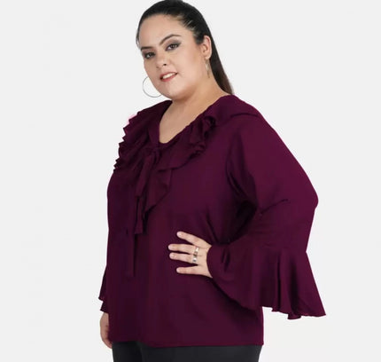 Women's Casual Bell Sleeve Solid Purple Top (Color:Purple, Material:Georgette)