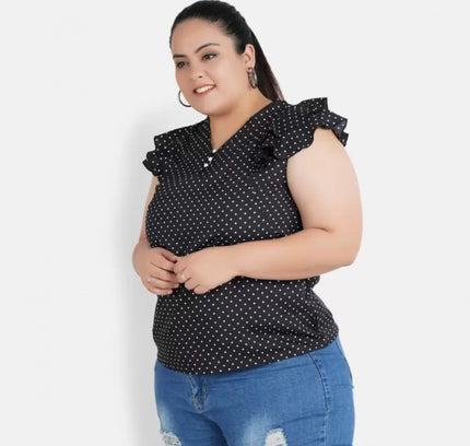Women's Casual Flutter Sleeve Polka Print Black Top (Color:Black, Material:Crepe)