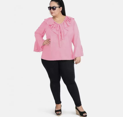 Women's Casual Bell Sleeve Solid Pink Top (Color:Pink, Material:Georgette)