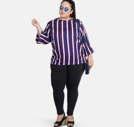 Women's Casual Bell Sleeve Striped Blue Top (Color:Blue, Material:Crepe)