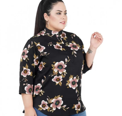 Women's Casual Three Fourth Sleeve Printed Black Top (Color:Black, Material:Poly Crepe)