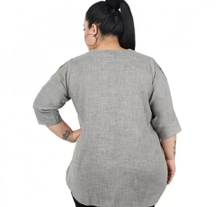 Women's Casual Solid Grey Top (Color:Grey, Material:Cotton Linen Blend)