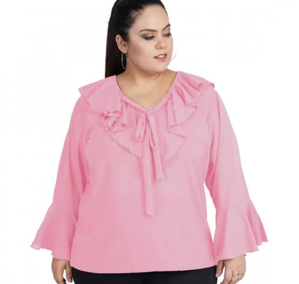 Women's Casual Bell Sleeve Solid Pink Top (Color:Pink, Material:Georgette)
