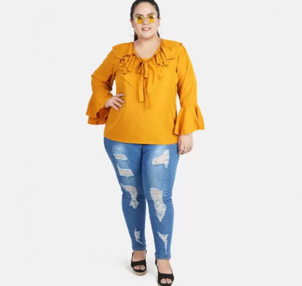 Women's Casual Bell Sleeve Solid Yellow Top (Color:Yellow, Material:Georgette)