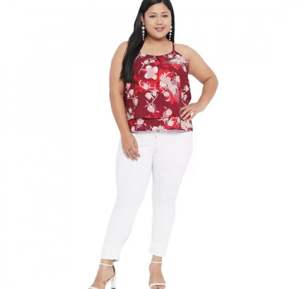 Women's Casual Floral Print Red Top (Color:Red, Material:Polyester)