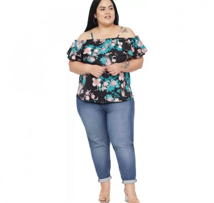 Women's Casual Floral Print Black Top (Color:Black, Material:Polyester)