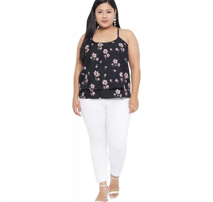 Women's Casual Floral Print Black Top (Color:Black, Material:Polyester)