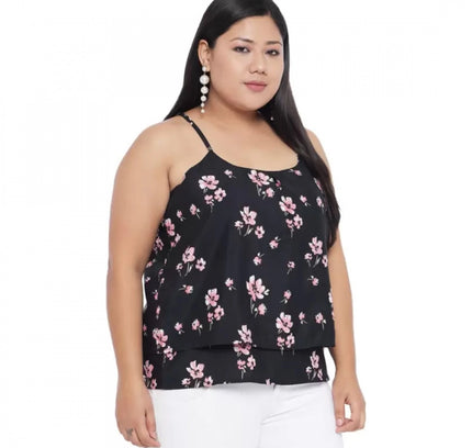 Women's Casual Floral Print Black Top (Color:Black, Material:Polyester)