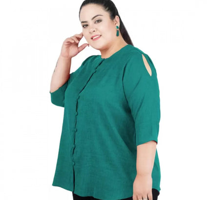 Women's Casual Solid Green Top (Color:Green, Material:Cotton Linen Blend)