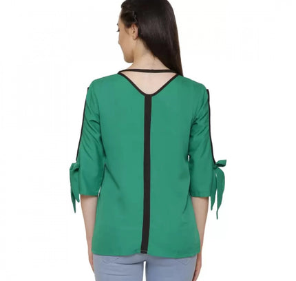 Women's Casual Slit Sleeve Solid Green Top (Color:Green, Material:Poly Crepe)