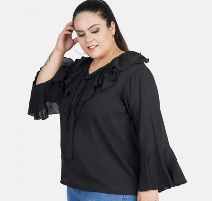 Women's Casual Bell Sleeve Solid Black Top (Color:Black, Material:Georgette)