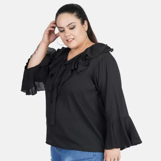Women's Casual Bell Sleeve Solid Black Top (Color:Black, Material:Georgette)