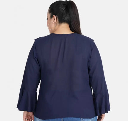 Women's Casual Bell Sleeve Solid Blue Top (Color:Blue, Material:Georgette)