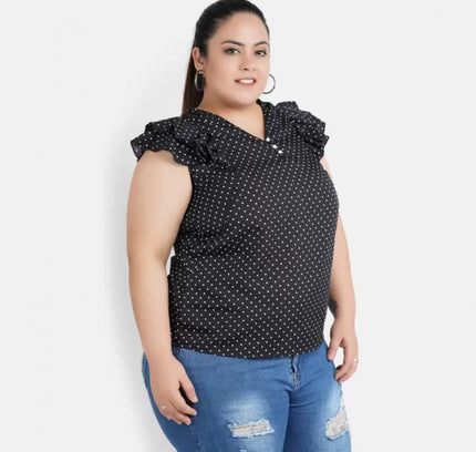 Women's Casual Flutter Sleeve Polka Print Black Top (Color:Black, Material:Crepe)