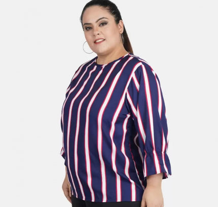Women's Casual Bell Sleeve Striped Blue Top (Color:Blue, Material:Crepe)