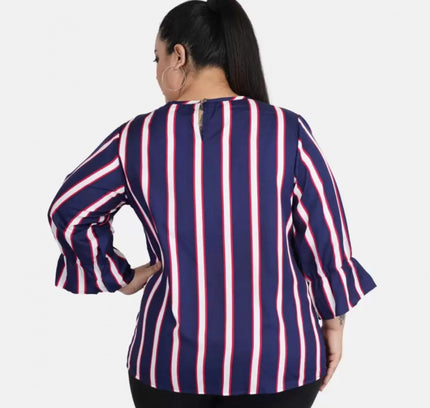 Women's Casual Bell Sleeve Striped Blue Top (Color:Blue, Material:Crepe)