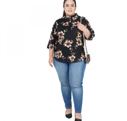 Women's Casual Three Fourth Sleeve Printed Black Top (Color:Black, Material:Poly Crepe)