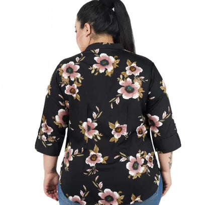 Women's Casual Three Fourth Sleeve Printed Black Top (Color:Black, Material:Poly Crepe)